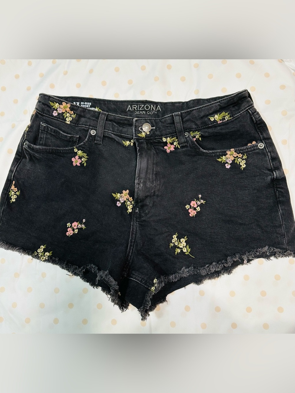 Arizona Jean Company Black Denim Shorts with Pink & Cream Floral Embroidery
